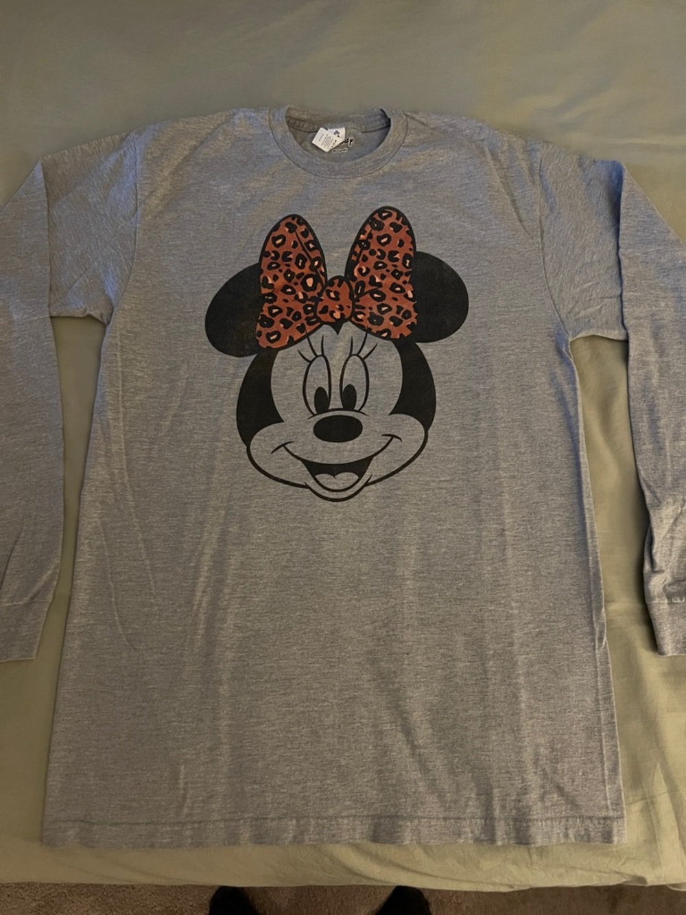 Disney Gray Long Sleeve Minnie Shirt with Leopard-Print Bow